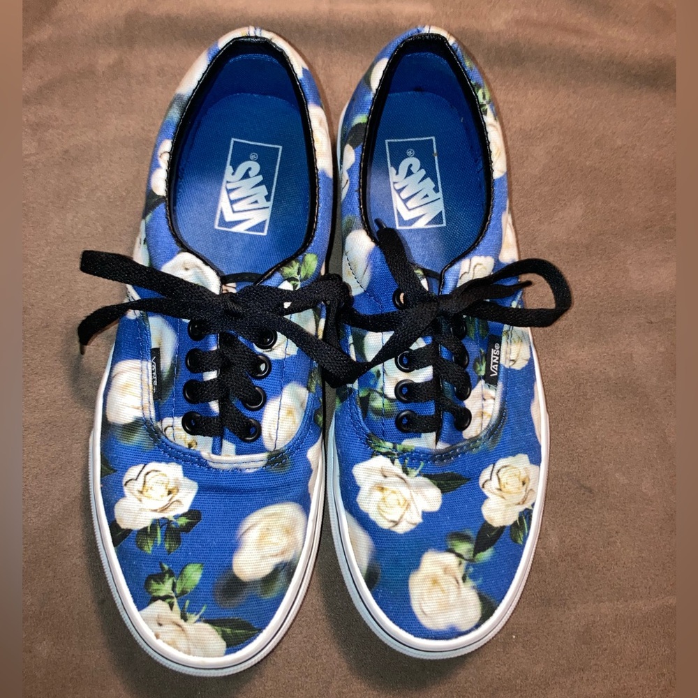 Vans Era Royal blue with white roses sneaker shoes